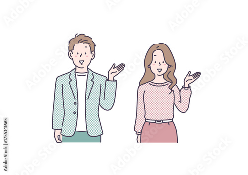 手を横にして案内する男女のイラスト