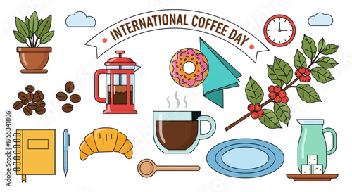 Celebrate international coffee day with this vibrant collection of coffee-related elements including beans plants mugs and croissants for your creative projects vector