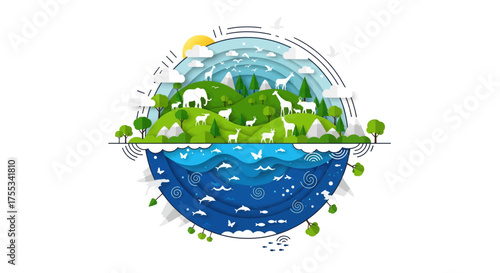 Vibrant ecosystem globe illustrating harmony between lush green land and deep blue ocean life biodiversity vector