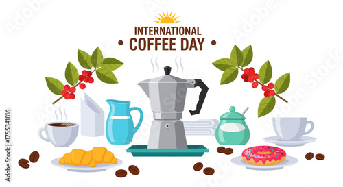 International coffee day celebration with moka pot coffee maker delicious pastries and coffee beans freshly brewed beverages vector
