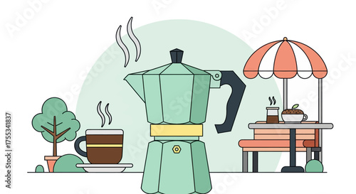 Moka pot brewing coffee outdoors with cafe scene and steaming cup and umbrella vector