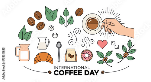 Hand holding coffee cup above international coffee day celebration collage with beans croissant jam and donut illustration vector