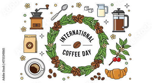 Celebration of international coffee day festive wreath delicious coffee beans grinder french press cup mug pastry artwork elements vector