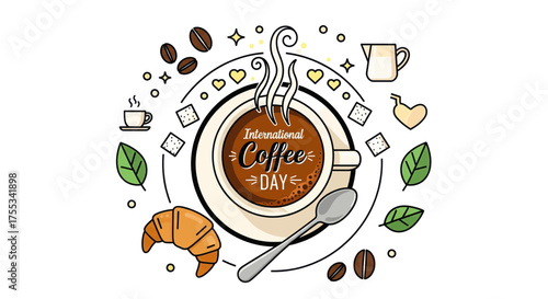 Whimsical hand drawn coffee cup with steam croissant and tea leaves arranged artistically in a circular pattern vector