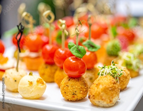 Delicious Appetizers and Finger Foods Arranged on a White Platter Ready for a Party