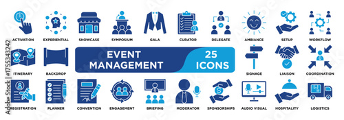 event management icon collection set. Containing activation, experiential, showcase, symposium, gala, curator icon. solid vector.	