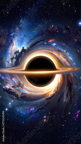 A supermassive black hole with a glowing accretion disk in a vibrant cosmic nebula.