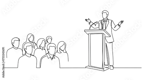 Continuous Line Art of a Person Speaking at a Podium to an Audience – Clean Black Outline Representing Leadership, Motivation, and Verbal Communication