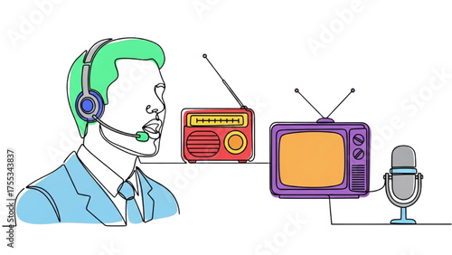 Colorful Continuous Line Vector Illustration of a Call Center Agent with Headset and Media Tools – Radio, TV, and Microphone Representing Communication, Customer Service, and News Sharing