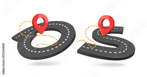 Red pin location or pin map is placed in center of roundabout and curved road for advertising travel or transportation or delivery related advertisements, vector 3d isolated on white background