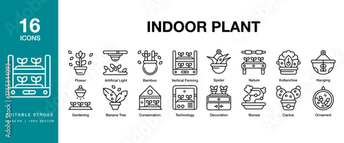 Indoor Plant icon set. Includes green, home, decor, house, indoor, plant and More. Editable Stroke Icon Collection.