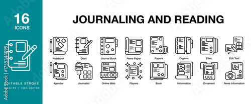 Journaling and Reading icon set. Includes  journal, reading, book, paper, read and More. Editable Stroke Icon Collection.