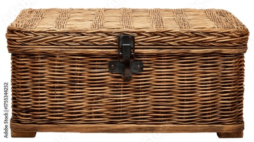 A rustic woven wooden chest with a metal latch, placed on a white background with a wooden base.