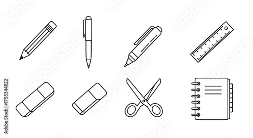 A minimalist set of black and white line icons featuring essential school and office supplies like pencils, pens, and scissors for educational concepts