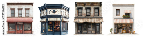 Vintage Urban Storefronts Collection Featuring Unique Architectural Styles, Isolated on Transparent Background