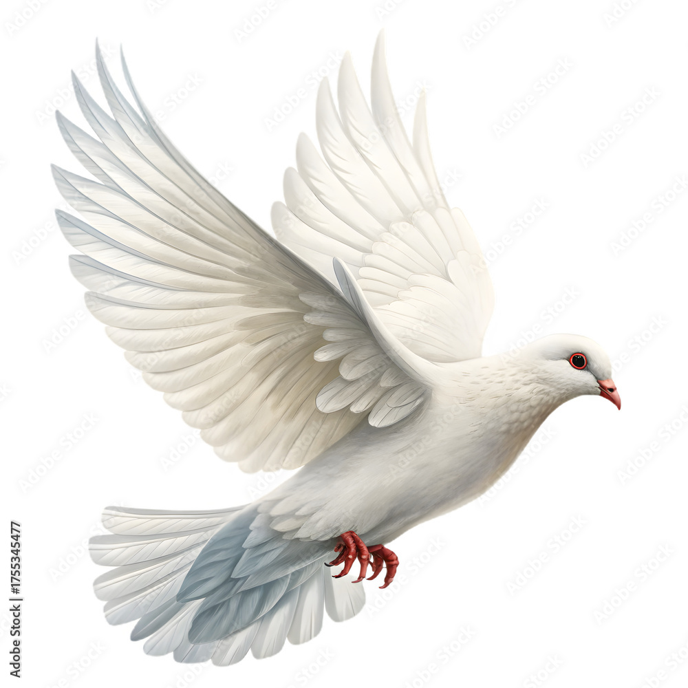 Fototapeta premium White Dove in Full Flight Isolated on Transparent Background Ideal for Illustration and Concept Art