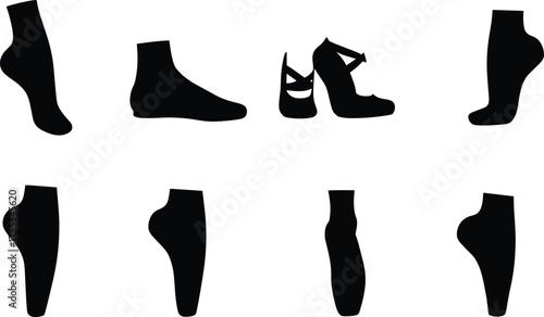 Footwear silhouette, leg shape, sock outline, high heel, fashion anatomy, black graphic, shoe comparison, lower limb, elegant design, style study