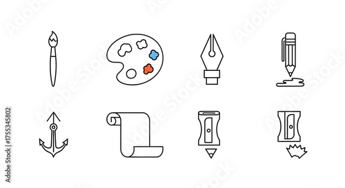 Essential art and creative tools vector line icons. Features paintbrushes, color palettes, drawing pencils, and sharpeners, perfect for graphic design, education, and artistic use