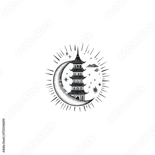 illustration of a Japanese or Chinese pagoda floating in the night sky with a crescent moon, radiating stars, and magical clouds