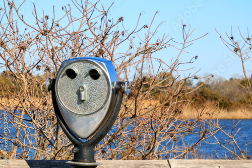 Scenic lookout with a coin-operated viewer by a lake framed by bare trees on a clear day