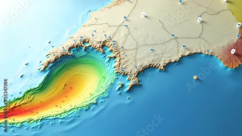 Professional GIS rendering of tsunami path map showing colored inundation corridors sensor network locations and evacuation routes for emergency planners in  Photo Stock  Concept  and empty space on t