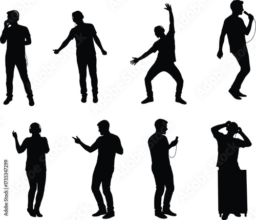 Music silhouette, DJ booth, microphone, headphones, performance art, dancing pose, expressive gesture, black figure, entertainment scene, audio activity, stage energy