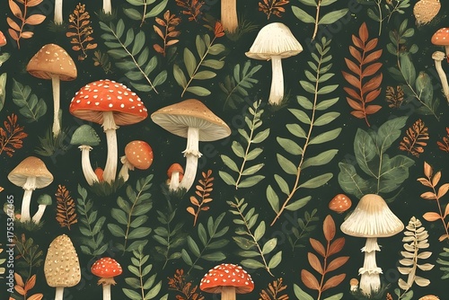 Enchanting Flat Pattern of Simplified Mushrooms and Foliage Background