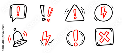 Doodle red exclamation mark, warning sign set. Hand drawn caution signs and warning marks highlight toxic risk, exclamation mark or alert notifications. Doodle stop notification. Vector illustration