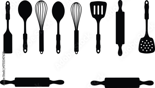 Kitchen utensil silhouettes, cooking tools vector, black icons set, spatula, whisk, spoon, rolling pin, slotted turner, baking equipment, isolated