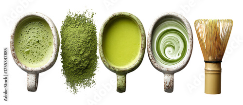 Green Matcha Powder and Whisk with Cups Showing Preparation Process