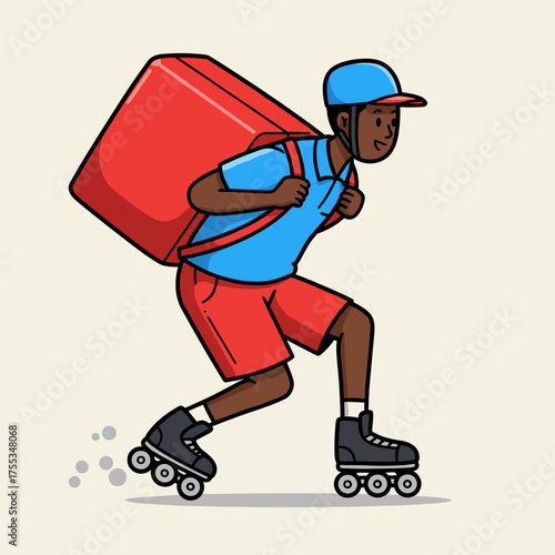 A male courier with a large red delivery box is skating fast on roller skates to deliver food.