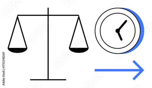 Scale symbolizing balance beside a clock with forward arrow, conveying time management, efficiency, and equilibrium. Ideal for productivity, choices, planning, fairness, resource allocation