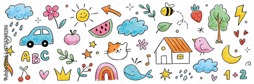 Kid crayon child hand drawn background. Crayon pencil stroke school doodle flower, cartoon sun, rainbow summer elements. Kid style cute star, tree, heart shapes background. Vector illustration