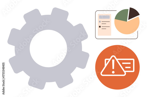 Gear mechanism next to a pie chart, document, and warning sign representing analysis, troubleshooting, system functionality. Ideal for workflow, data management, risk analysis, process improvement