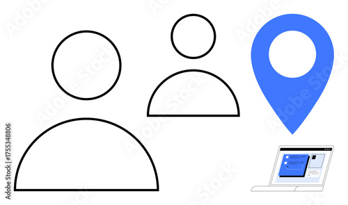 Two user outlines, a blue location marker, and a laptop screen with a digital interface. Ideal for communication, geolocation, networking, technology, online services, social interaction modern