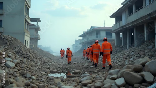 Search and rescue teams conducting rescue and recovery operations among collapsed buildings in tsunami?affected coastal district in  Photo Stock  Concept  and empty space on the left side