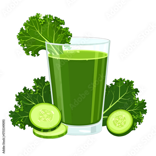 Green Smoothie in a Glass with Kale and Cucumber Slices on White Background