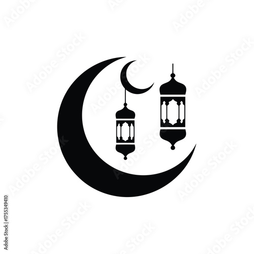 Black crescent moon and Islamic lanterns graphic design on white background lamp