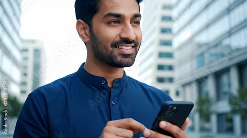 Smiling Indian Man in Dark Blue Collared Shirt Holding Smartphone Outdoors with Modern Buildings in Soft Focus Background Natural Daylight
