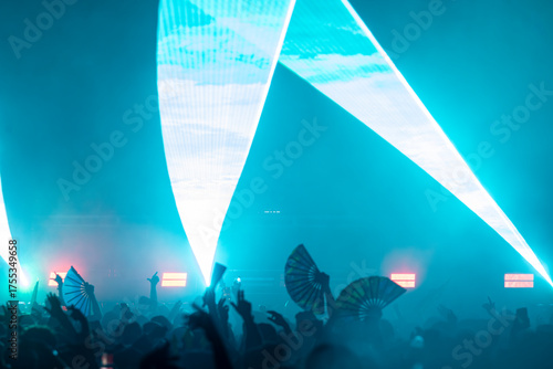 Fans with Arms Waving and Fans in the Crowd at an EDM Dance Music Concert Festival Show