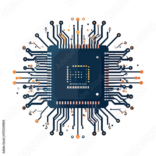 Stylized Microchip Illustration with Circuit Board Connections on White Background