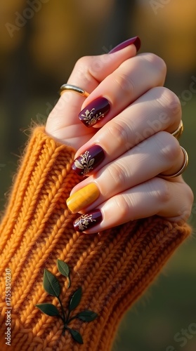 Autumn nail art design featuring gold leaf accents