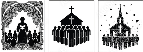 religious gathering illustrations with church buildings and worshippers, ornate, modern, and symbolic designs, spiritual community vector art for ceremonial stock content