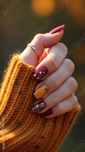 Autumn nail art design featuring gold leaf accents