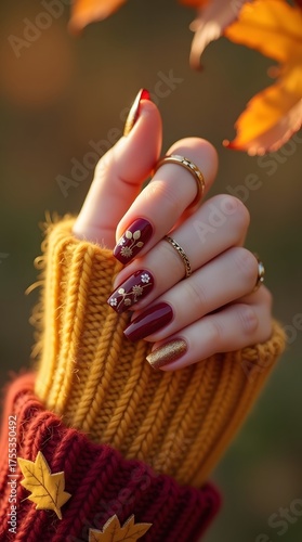 Autumn nail art design featuring gold leaf accents