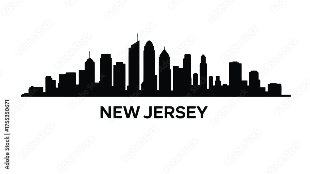 Fototapeta premium Black silhouette skyline of New Jersey buildings with text New Jersey below city urban