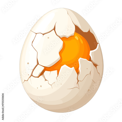 Cracked White Eggshell with Bright Orange Yolk Pixelated Illustration on White Background