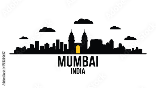 Black silhouette skyline of Mumbai India with yellow archway and clouds city