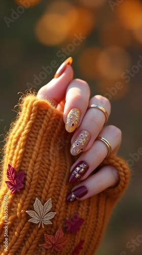Autumn nail art design featuring gold leaf accents