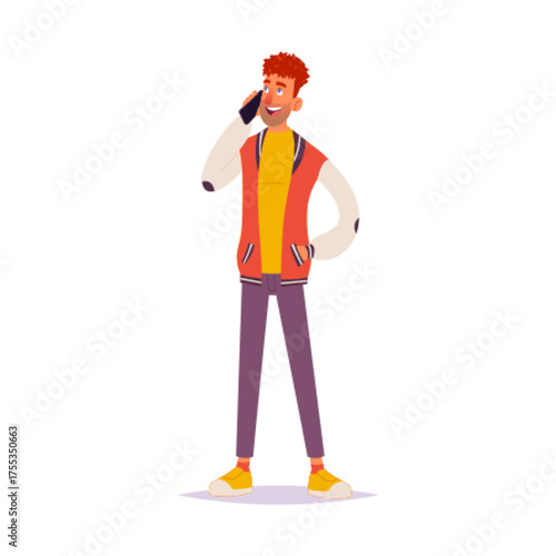Casual Smiling Young Man Happily Talking on Smartphone